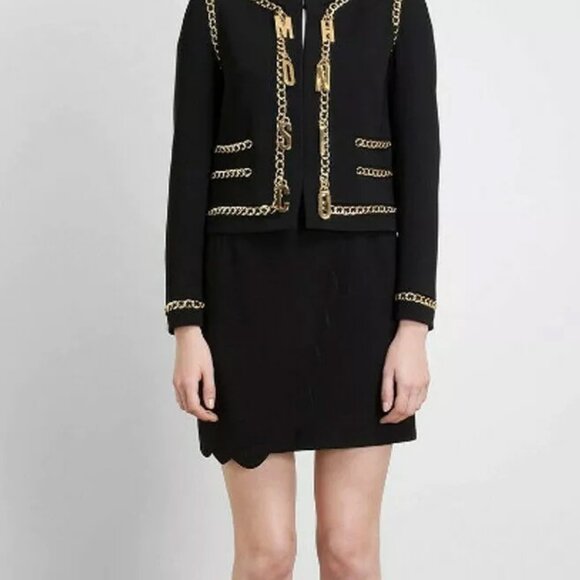 Moschino Black Jacket Gold Chain Logo LetterS TRIM Couture Italian IT40 USA 6 - Picture 2 of 13